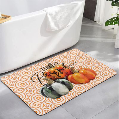 YESOF66 Diatomaceous Earth Bath Mat Bathtub Mat, Fall Thanksgiving Pumpkin Orange Polka Dots Plaid Quick Dry Non-Slip Diatomite Mud Bathroom Floor Rugs for Bath Tub Kitchen Absorbent Pad, 24x36 Inch