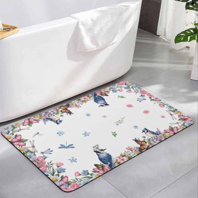 Diatomaceous Earth Bath Mat Bathtub Mat, Spring Summer Flower Floral Sunflower Daisy Butterfly White Quick Dry Non-Slip Diatomite Mud Bathroom Floor Rugs for Bath Tub Kitchen Absorbent Pad, 16x24 Inch