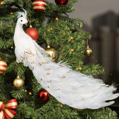 Belupai Peacock Ornaments, 23.6 Inch Long Tail Feather Clip-on Christmas Tree Decor, White Feather Peacock Crafts for Weddings & Xmas Tree Decor (1pcs)