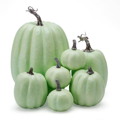 Lizxun 7 Pcs Artificial Pumpkins Halloween Simulated Foam Orange Pumpkin,Harvest Fall Foam Pumpkins for Autumn Thanksgiving Home Party Supplies (7pcs Green White-A1)