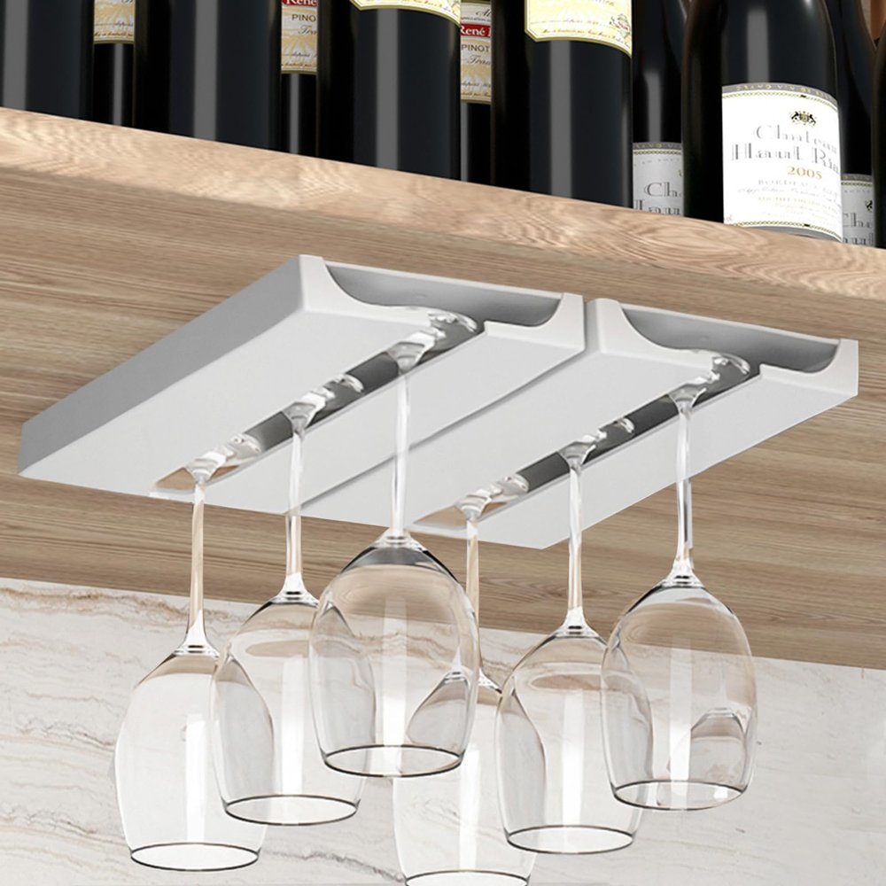 Vaisoeny Wine Glass Holder Under Cabinet Wine Glass Rack - Under Cabinet Stemware Wine Glass Holder Glasses Storage Hanger plastic Organizer for Bar Punch-free Self-adhesive 2 PackWhite