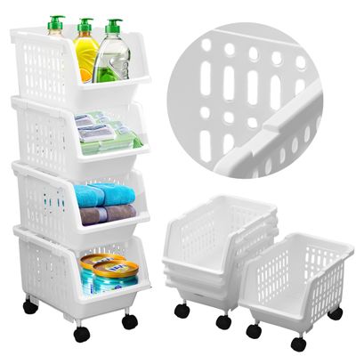 TidyFriend Stackable Storage Bins for Pantry - 4 Pack Small Stackable Bins for Organizing Food, Kitchen, and Bathroom Essentials (White)