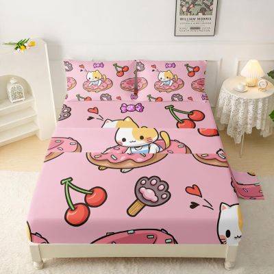 QOOMO Kawaii Cat Sheet Set,Doughnut Kids Bed Sheets,Cherry Printed 16" Deep Pocket Bed Sheet Set for Girls/Kids/Teens4 Piece Sheet Set, 1 Fitted Sheet,1 Flat Sheet and 2 PillowcasesQueen Size