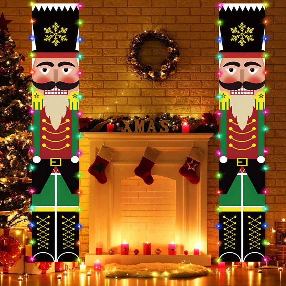 Tefola Christmas Decorations Outdoor, Soldier Couplet with Lamp Nutcracker, Indoor Outdoor Merry Christmas & Thanksgiving Door Decorations with Led String Light, Christmas Couplet Curtain