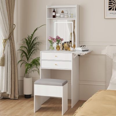 ARTETHYS Small Vanity Desk Set with 3 Adjustable Lighted Mirror and Storage Chair Mini Makeup Vanities Set for Compact Space White Dressing Table with Fold-up Panel for Bedroom