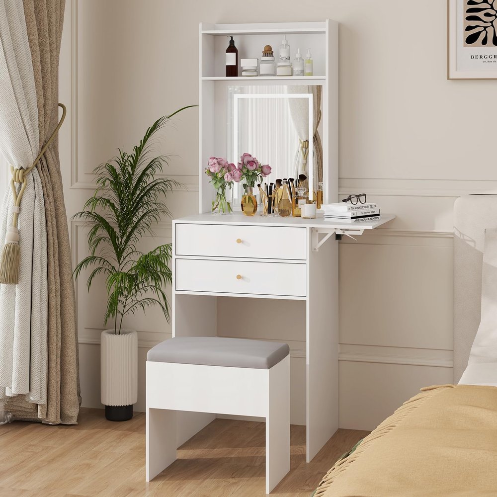 ARTETHYS Small Vanity Desk Set with 3 Adjustable Lighted Mirror and Storage Chair Mini Makeup Vanities Set for Compact Space White Dressing Table with Fold-up Panel for Bedroom