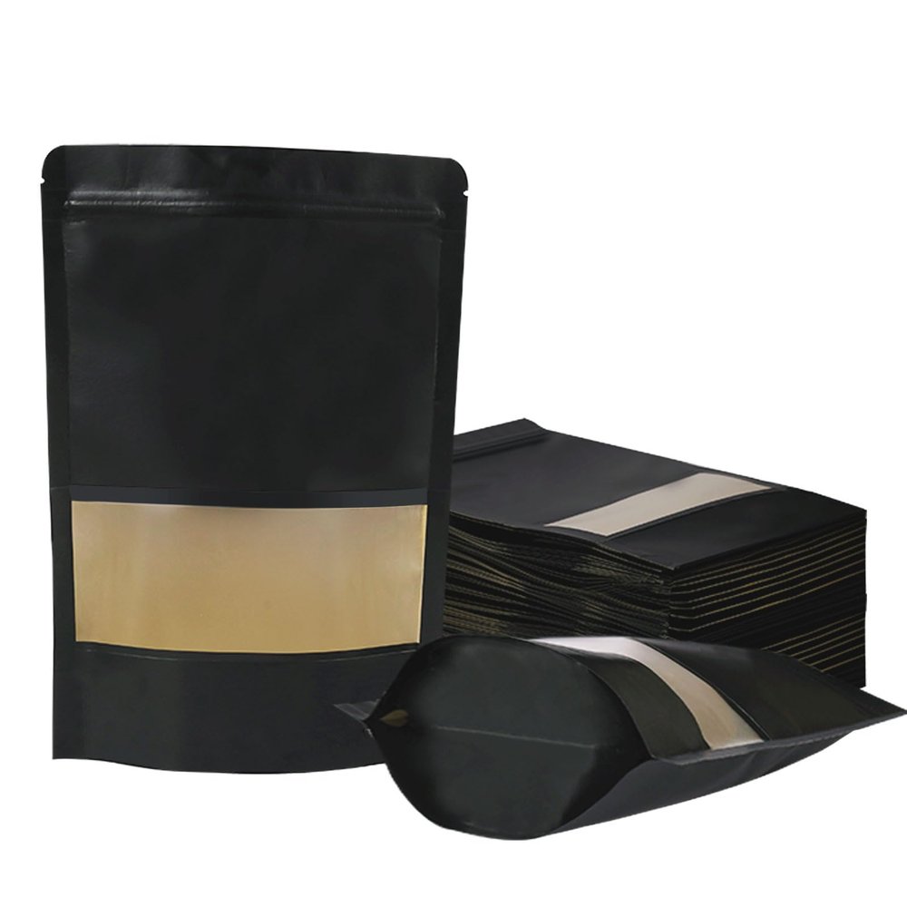 100 PCS Resealable Bags, Stand Up Kraft Paper Bags with Matte Window, Zipper Lock Food Storage Bags for Small Business and Home, 5.9x9 Inch Reusable Sealable Bags for Packaging - Black