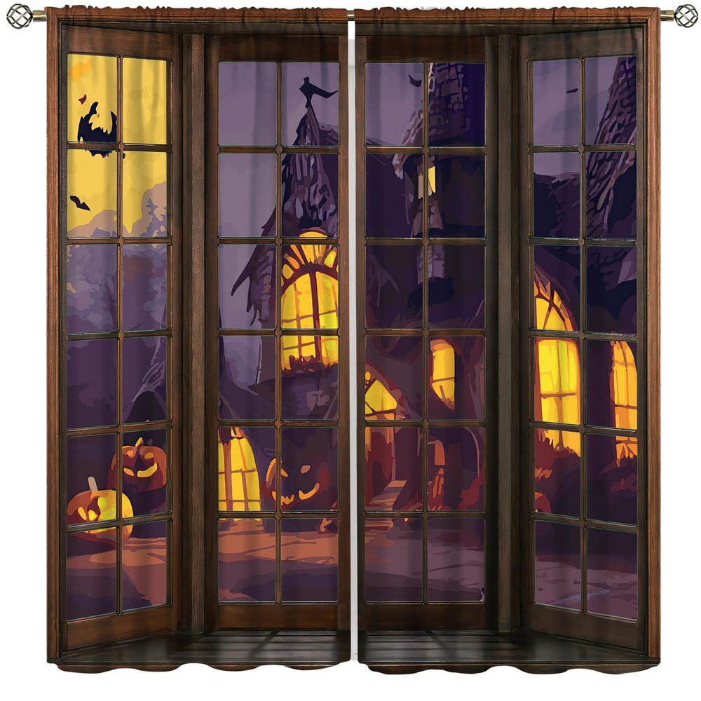 Halloween Window Curtains, Cartoon Castle Pumpkin Streets Moon Horror Atmosphere Home Decor, Kids Boys Girls Bedroom Living Room Blackout Curtains,55X63 Inch