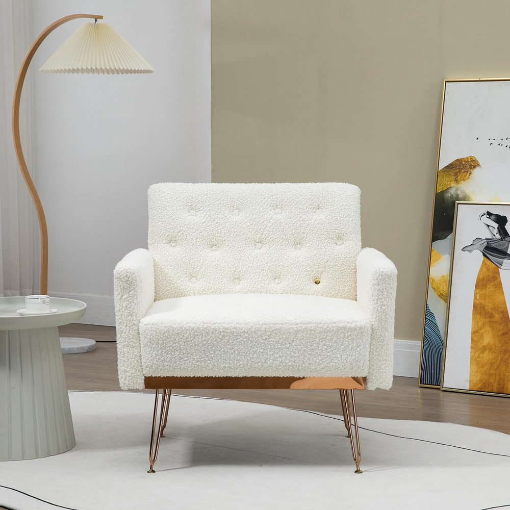 Majnesvon Velvet Tufted Accent Chair Comfort Living Room Lounge Armchair, Upholstered Sofa Chair with Rose Gold Metal Trim, Square Bedroom Chair Perfect for Relaxing for Bedroom Office Decorative
