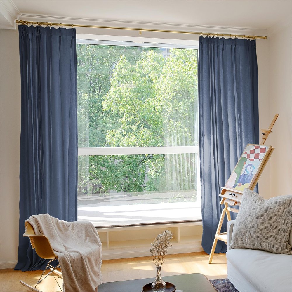 TWOPAGES Deep Blue 52W x 84L Pinch Pleat Curtain for Bedroom, Natural Linen Drape Light Filtering Pricavy Curtain for Living Room, 1 Panel