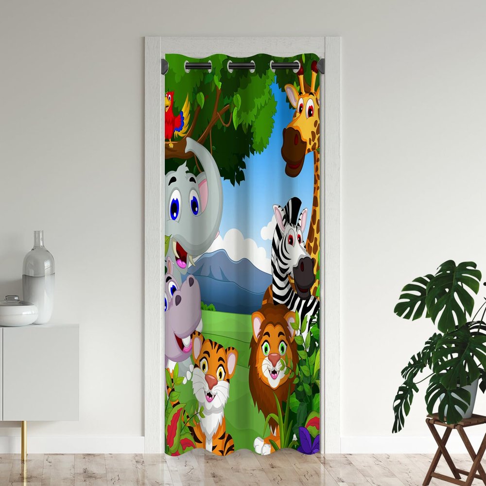 Animals Door Curtains for Doorways, Jungle Wildlife Zoo Elephant Lion Tiger Giraffe Blackout Curtain for Bedroom Closet, Grommet Thermal Insulated Privacy Door Drapes for Room Divider, 59"W x 80"L