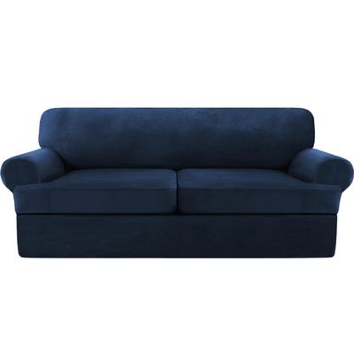KPPKOU Stretch T Cushion Sofa Slipcover 3 Pieces Sofa Covers Thick Velvet Couch Cover Stretch Sofa Slip Covers Furniture Protector with 2 Individual T Cushion Washable (Navy, Loveseat)