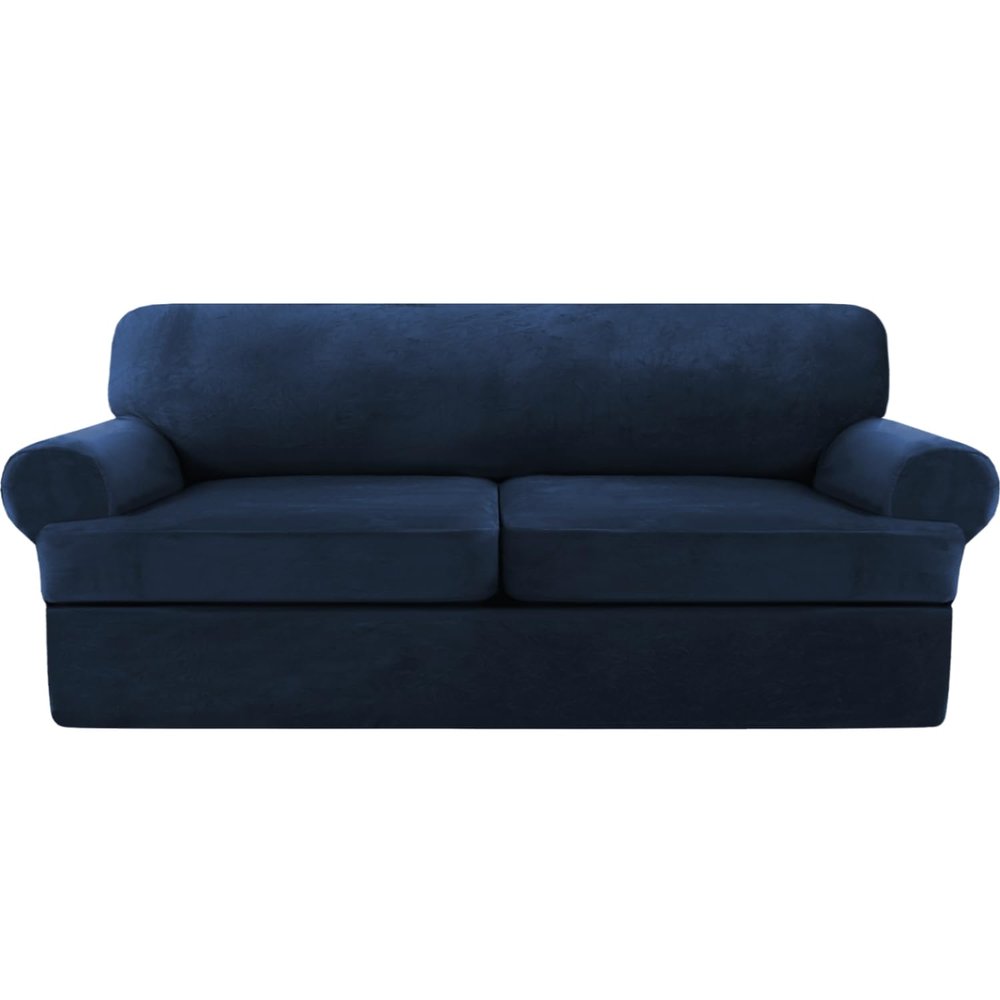 KPPKOU Stretch T Cushion Sofa Slipcover 3 Pieces Sofa Covers Thick Velvet Couch Cover Stretch Sofa Slip Covers Furniture Protector with 2 Individual T Cushion Washable (Navy, Loveseat)