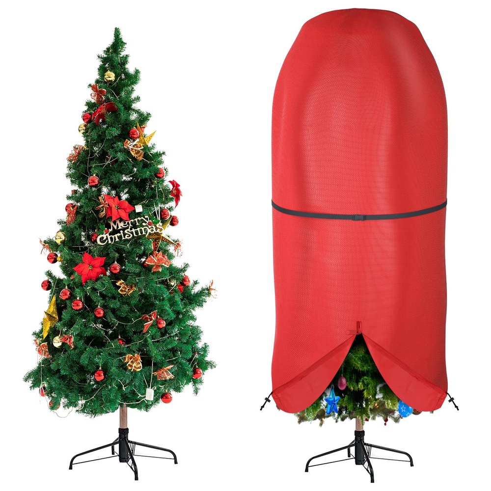 Christmas Tree Cover with Adjustable Straps, Durable Upright Xmas Tree Storage Bag with Zipper & Drawstring for up to 7.5 Foot Artificial Tree Standing with Ornaments, Waterproof, Dustproof