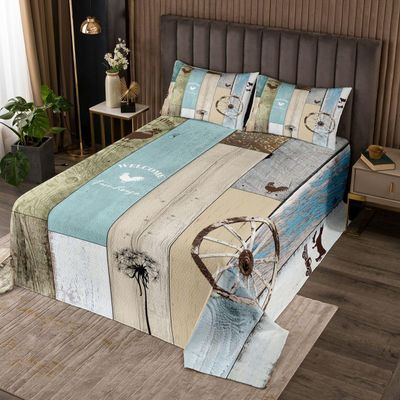 Farmhouse Style Bedspread Set Twin Size, Rustic Windmill Coverlet Set Vintage Country Western Quilt Set Dandelion Wheel Farm Barn Door Wooden Bed Set Windmill Bedroom Decor For Kids Teens Adult