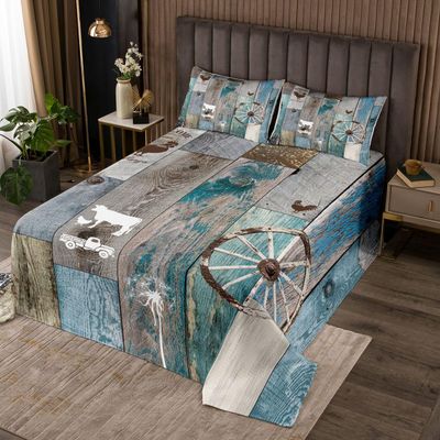 Erosebridal Rustic Windmill Quilt Set for Bedroom Decor, Farmhouse Wheel Vintage Life Bedspread Set King Size Western Farm Barn Door Coverlet Set Wooden Plank Cow Country Bedding Set, Brown