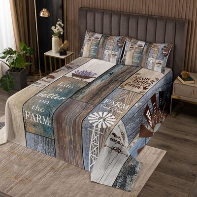 Rustic Windmill Farmhouse Quilt Set, Vintage Country Wooden Bedspread Set King For Teens Adult Women, Farm Animal Barn Door Coverlet Set Retro Truck Cabin Decor Bedding Set, 2 Pillow Cases, Brown