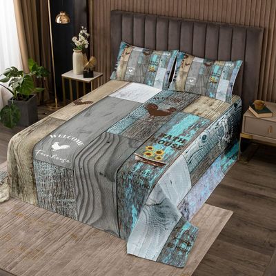 Rustic Windmill Farmhouse Coverlet Set, Sunflower Chicken Print Quilt Set Queen, Vintage Country Western Bedspread Set For Kids Teens Adult, Barn Door Wooden Plank Bedding Set Retro Bedroom Decor