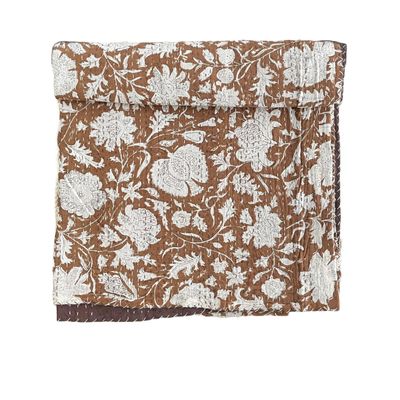 Hippie Floral Handblock Handmade Cotton Block Kantha Quilting Vintage Throw Blanket Hippie Queen/King Size Bohemian Bed Decor Quilt (Dark Brown, 108X108 inch with Pillow Cover)