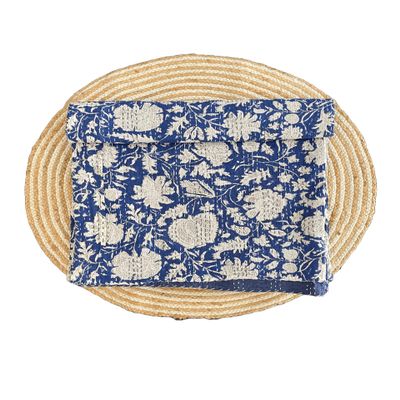 Hippie Floral Handblock Handmade Cotton Block Kantha Quilting Vintage Throw Blanket Hippie Queen/King Size Bohemian Bed Decor Quilt (Blue, 60X90 inch with Pillow Cover)