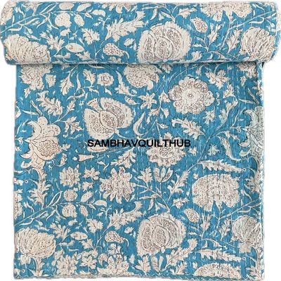 Hippie Floral Handblock Handmade Cotton Block Kantha Quilting Vintage Throw Blanket Hippie Queen/King Size Bohemian Bed Decor Quilt (Turquiose, 60X90 inch with Pillow Cover)
