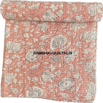 Hippie Floral Handblock Handmade Cotton Block Kantha Quilting Vintage Throw Blanket Hippie Queen/King Size Bohemian Bed Decor Quilt (Pink, 108X108 inch)
