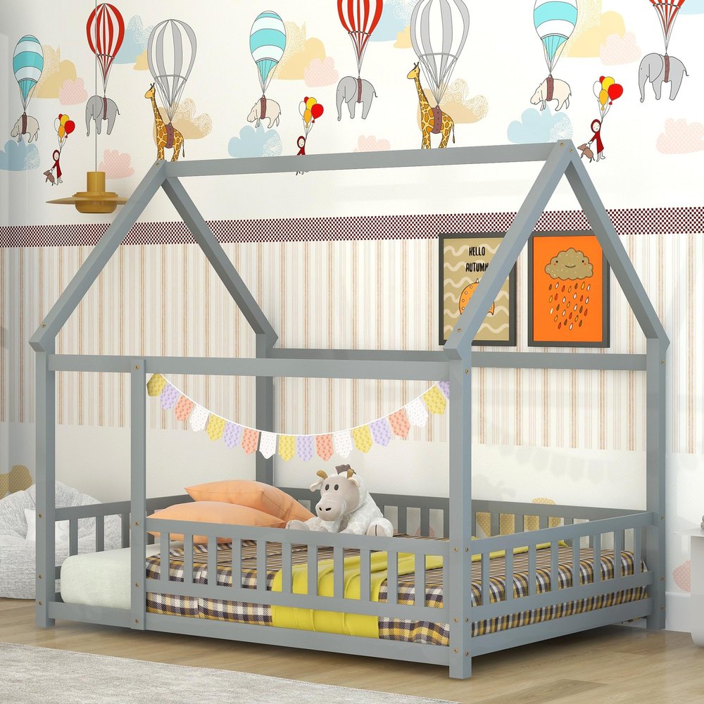 Bellemave Full Size House Floor Bed,Wooden Montessori Bed with Fence and Roof for Kids,Playhouse Full Bed Frame for Girls,Boys(Full,Gray)