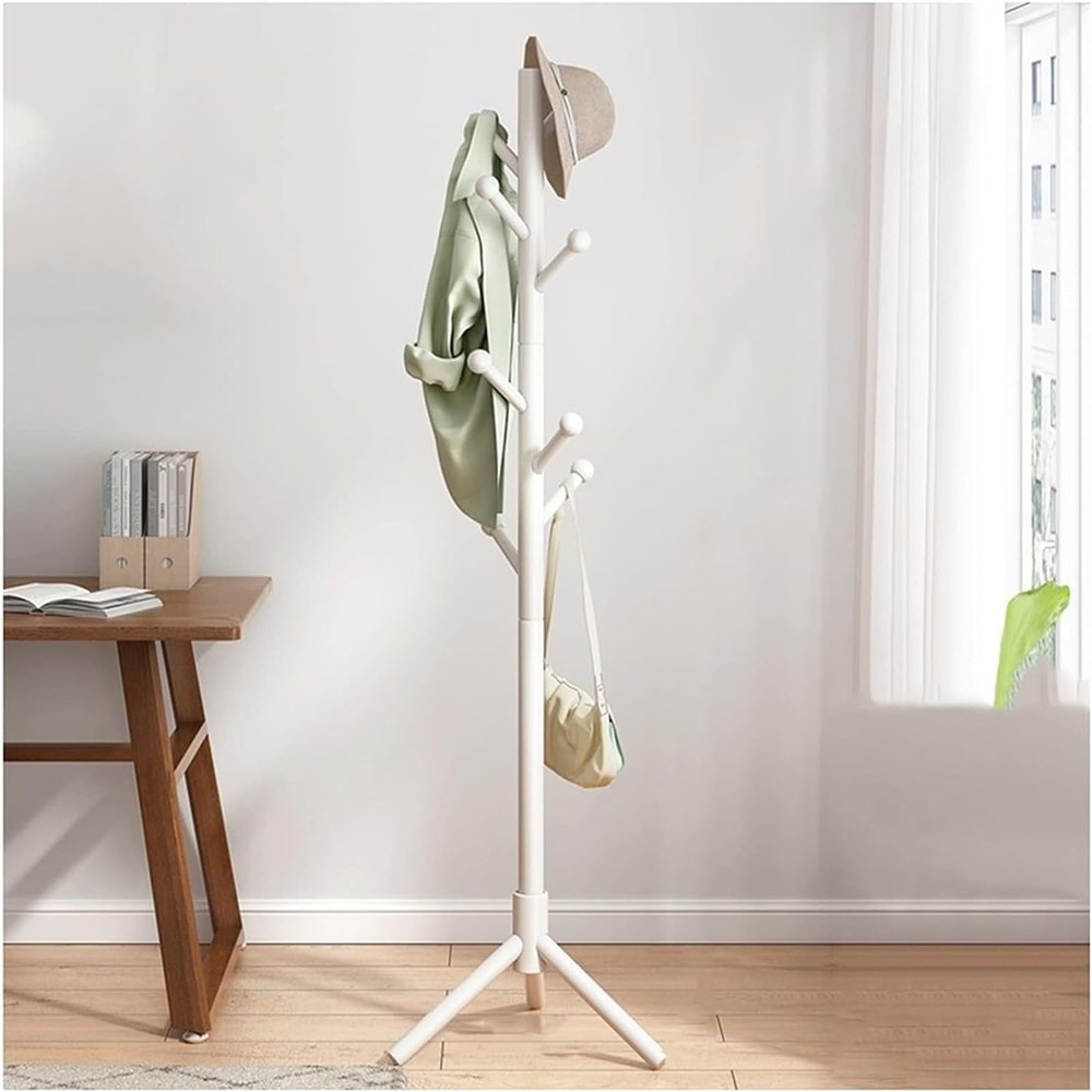 DLUXCA Stand Rack Stand Hat Rack Wooden Coat Rack Free Standing Coat Tree with 8hooks Triangle Base Modern Coat Jackets Hanger for Bedroom Hallway Entryway Adjustable Garment Rack