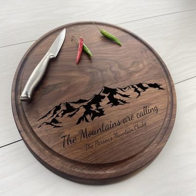 Personalized Circular Cutting Board, Engraved Round Cutting Board, Mountain Themed Gift, Chalet Dcor, Ski Family Gift, Chalet Gift, 087 (Maple, Circle 13.5")