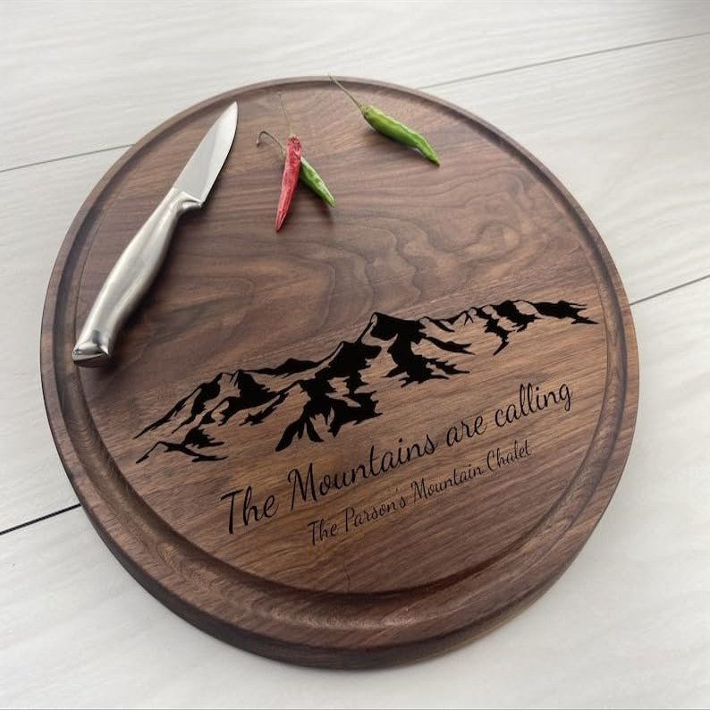 Personalized Circular Cutting Board, Engraved Round Cutting Board, Mountain Themed Gift, Chalet Dcor, Ski Family Gift, Chalet Gift, 087 (Maple, Circle 13.5")