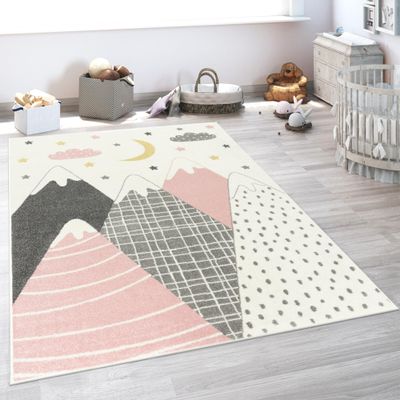 Paco Home Kids Rug for Nursery with Pastel Colored Mountains, Dreamy Stars and Moon in Pink, Size: 5'3" x 7'3"