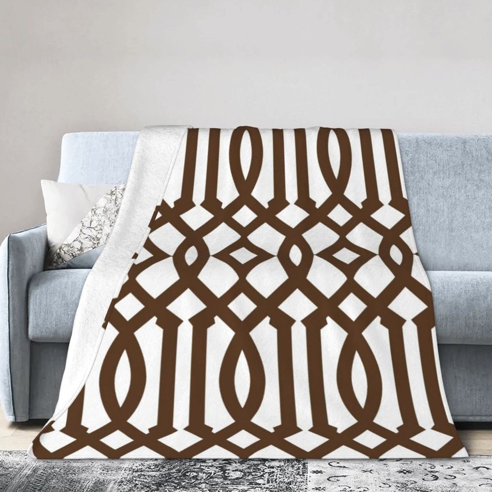 DKJlitter Ultra-Soft Modern White and Brown Trellis Pattern Flannel Fleece Throw Blanket Cozy and Lightweight Perfect for Bed, Couch, Sofa, and Gifts 60"x50"