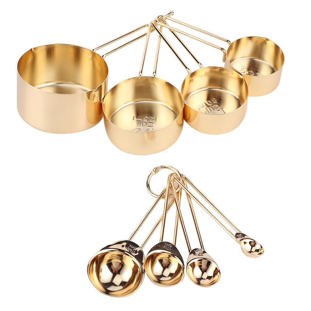 BestAlice 8Pcs Measuring Spoons, Stainless Steel Measuring Spoons Set, Small Tablespoon Measure Spoon with Handle, Measuring Cup Spoon Set with Scales Home Kitchen Baking Accessory(Gold)
