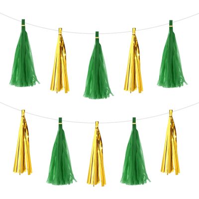 MECCANIXITY 20Pcs Gold,Dark Green Tassel Garland Banner with Rope Tissue Paper Tassels Party DIY Kits for Anniversary Wedding Birthday Party