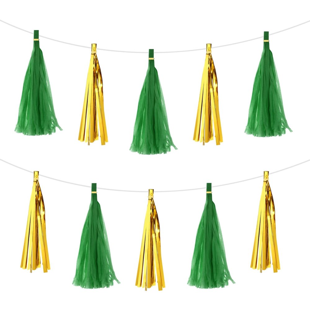 MECCANIXITY 20Pcs Gold,Dark Green Tassel Garland Banner with Rope Tissue Paper Tassels Party DIY Kits for Anniversary Wedding Birthday Party