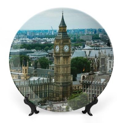 10" Decorative Plate Architecture Big Ben Buildings Round Ceramic Plate with Display Stand Modern Porcelain Table Plate Wall Hanging Decoration for Home Office Collectible Art Souvenir