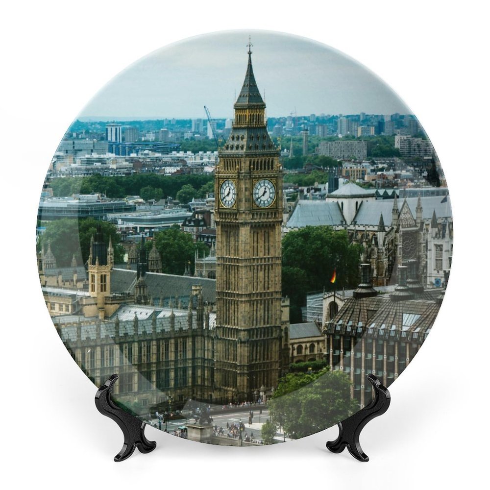 10" Decorative Plate Architecture Big Ben Buildings Round Ceramic Plate with Display Stand Modern Porcelain Table Plate Wall Hanging Decoration for Home Office Collectible Art Souvenir