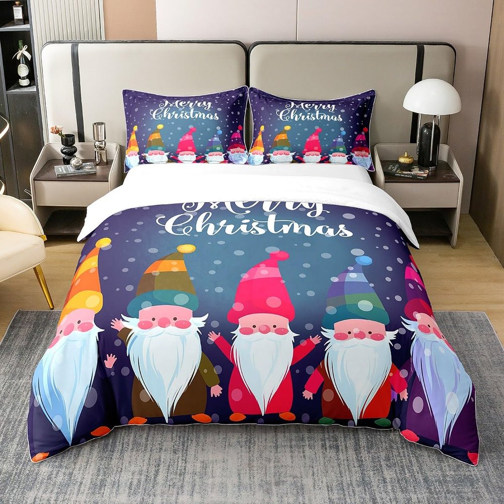 100% Cotton Christmas Comforter Cover Xmas Gnomes Bedding Sets Happy New Year Duvet Cover Set For Kids Boys Girls Snowing Winter Xmas Gift Bedspreads Cover Bedroom Decor King Size Navy Blue