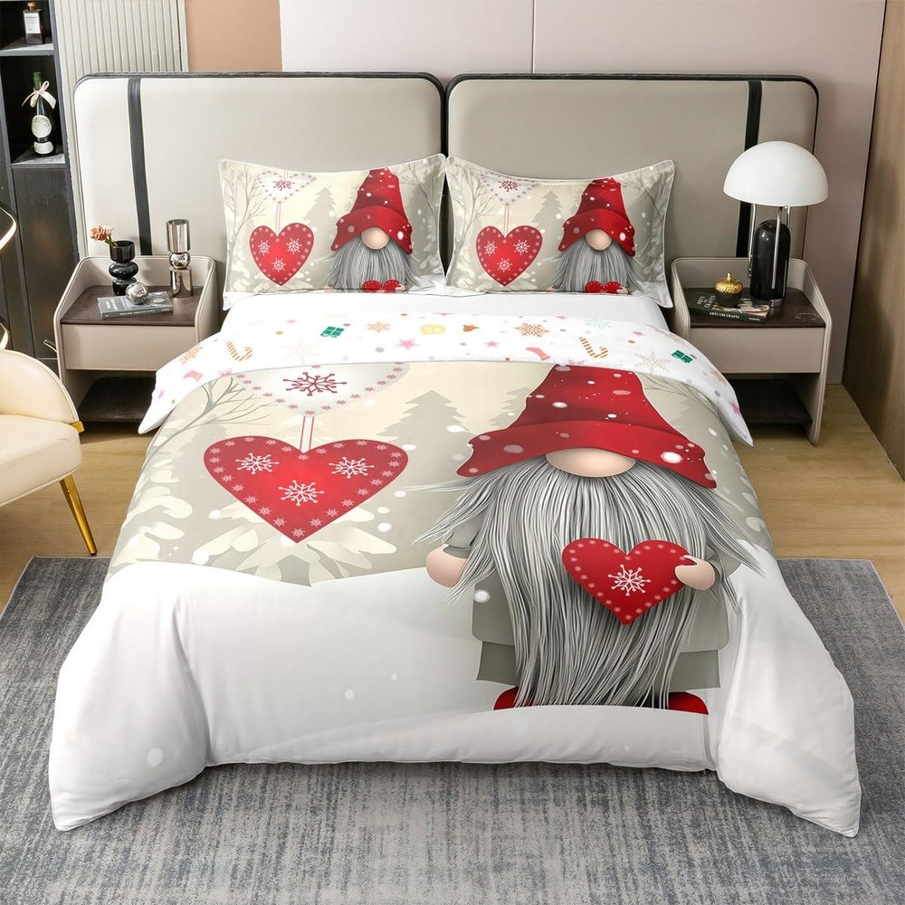 100% Organic Cotton Christmas Gnomes Bedding Sets Santa Claus Xmas Comforter Cover Merry Christmas Duvet Cover Set for Kids Boys Girls Winter Snow Holiday Style Bedspreads Cover Queen Size