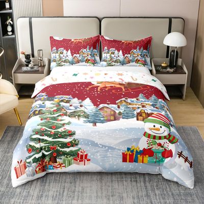 100% Natural Cotton Santa Claus Duvet Cover Queen, Kids Christmas Tree Comforter Cover Cute Deer Elk Bed Sets for Boys Girls Children Xmas Snowman Cartoon Style Soft Breathable Bedding Set,Red