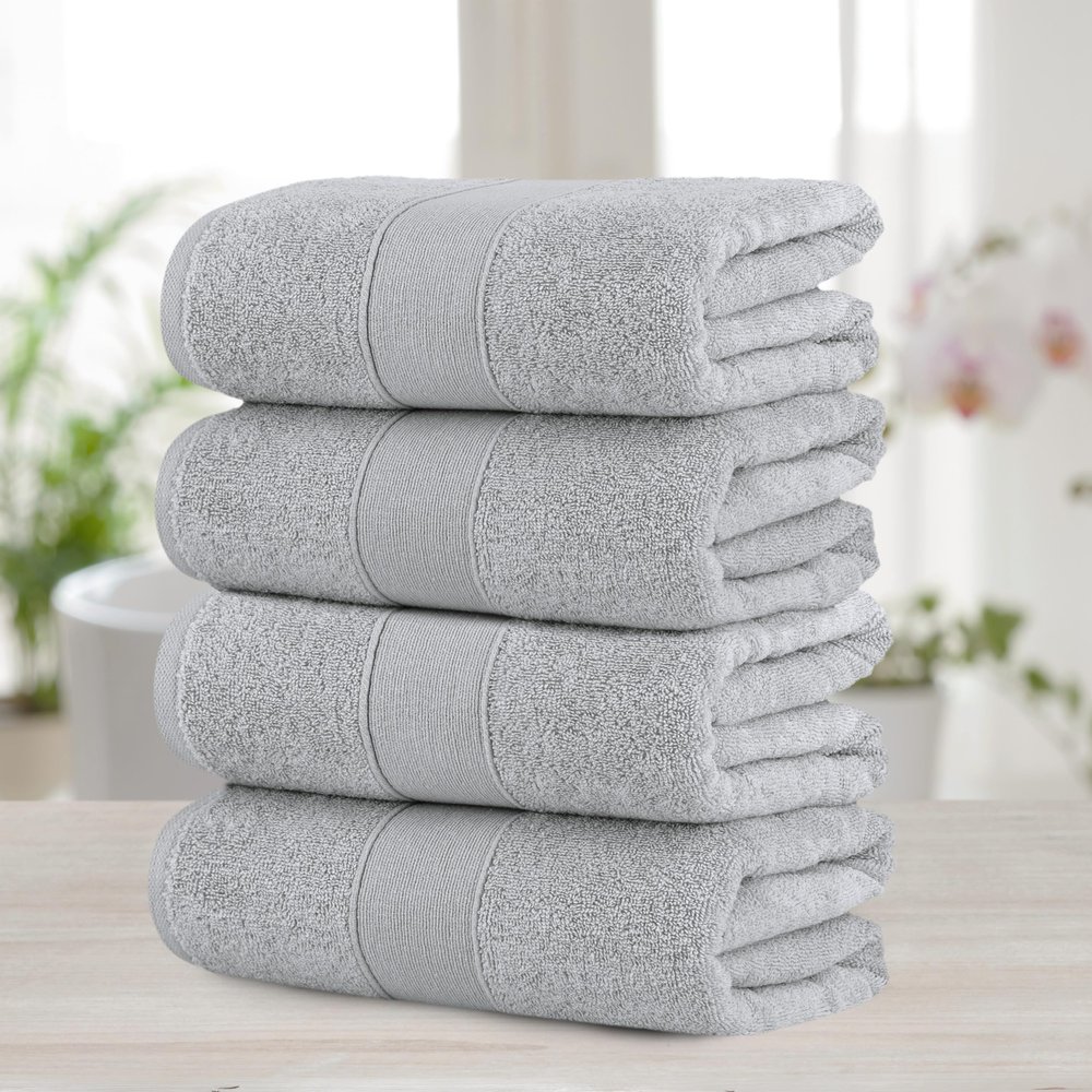 Chic Home Luxurious 4-Piece 100% Pure Turkish Cotton Bath Towels, 30" x 54", Ultra-Soft, Highly Absorbent, Dobby Border Design, Hypoallergenic, Long-Lasting, Oeko-TEX Certified Set, Grey