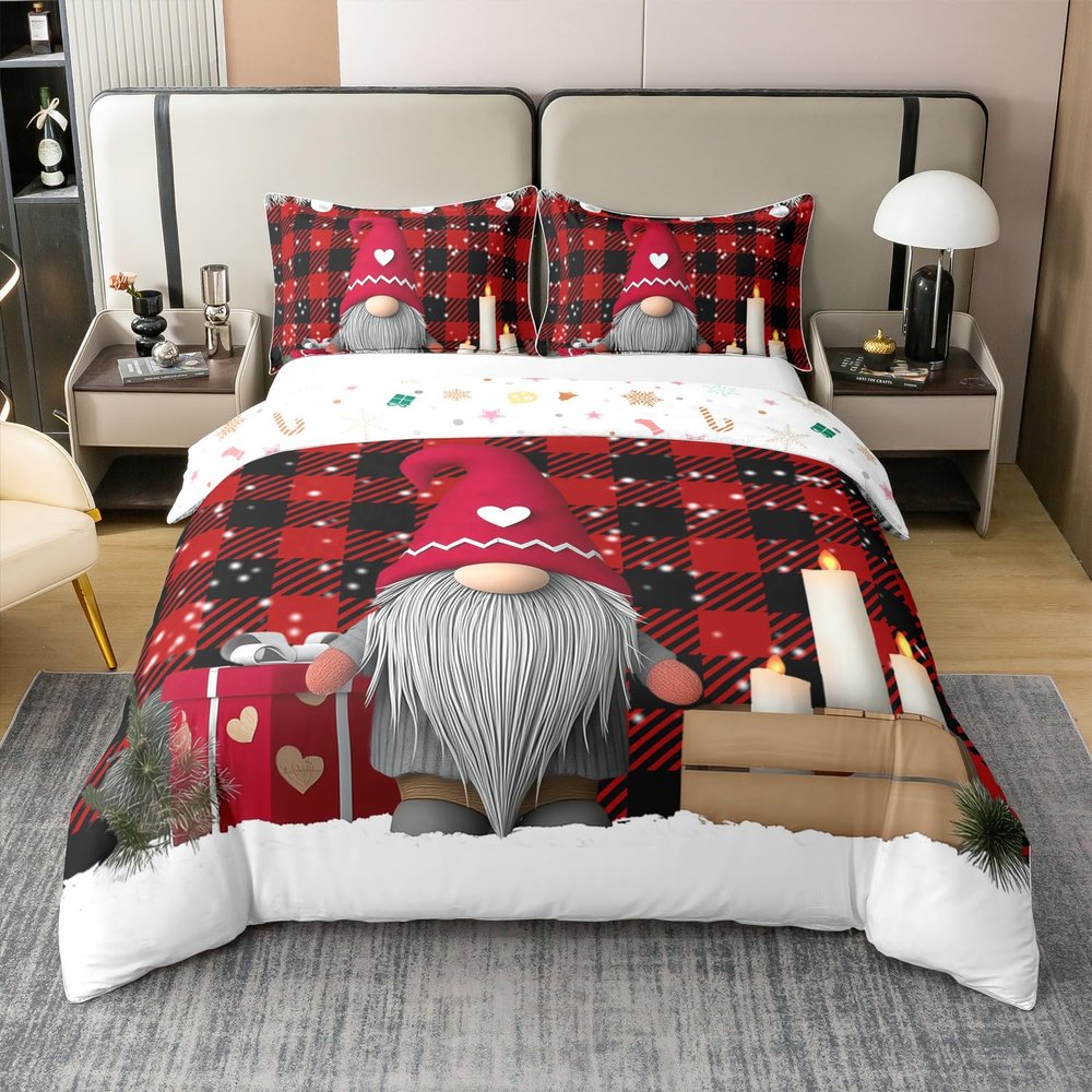 100% Cotton Xmas Gnome Comforter Cover for Kids, Cartoon Santa Claus Duvet Cover Queen Size Merry Christmas Bedding Set Geometric Checkered Plaid Quilt Cover for Little Girls Boys Teens Adult,Red