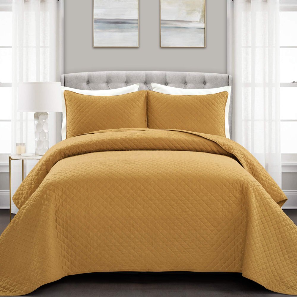 Lush Decor Ava Diamond Cotton Quilt California King Size 3 Piece Set King/California King Mustard - Yellow Bedding Set California King Quilt - Fall Quilts