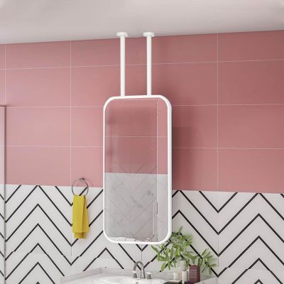 Bathroom Mirror for Ceiling Hanging, Wall Decor Mirror with Rectangle Metal Frame and Ceiling Mounted Boom, Vanity Make-up Decorative Mirrors, White (Size : 50cmx60cm)