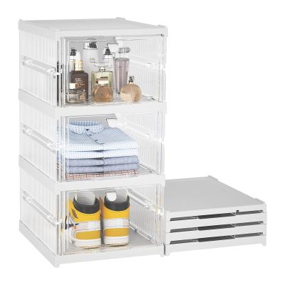 SEAVI Shoe Box Collapsible Plastic Storage Box with Lid - Shoe Storage Organizer Container Collapsible Storage Bin Plastic Storage Box Collapsible Storage Stackable Sneaker Storage Tote ThreeFloors