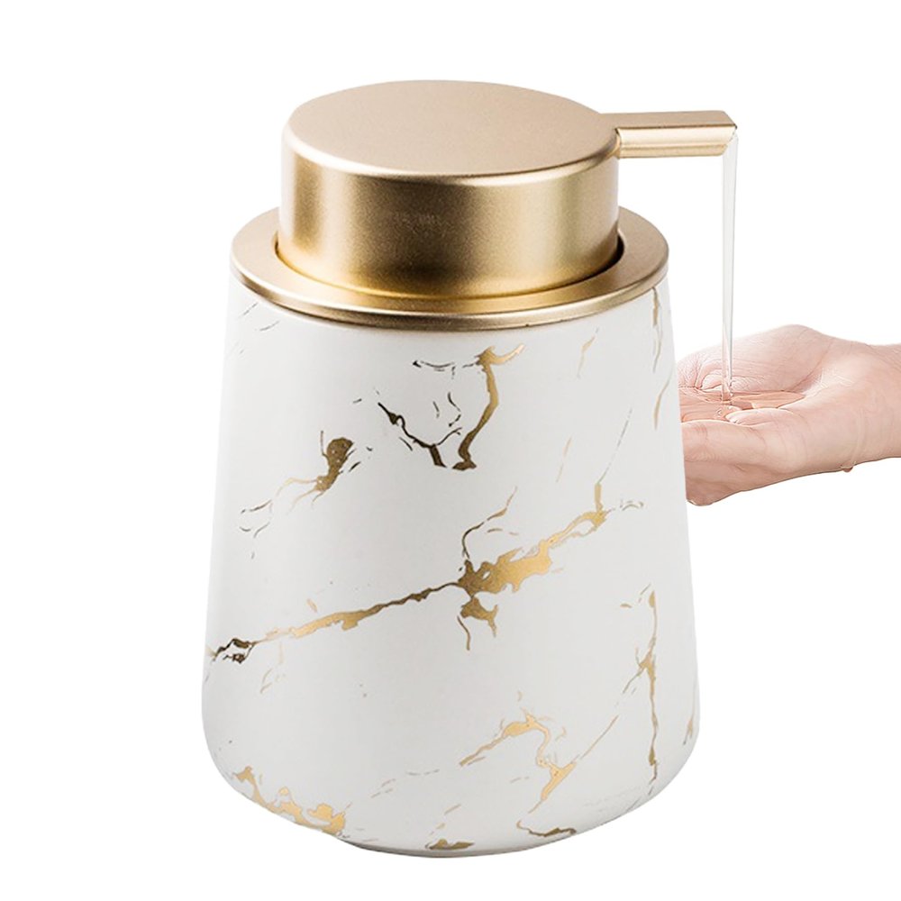 15 Oz Marble Gold Inlay Ceramic Lotion Dispenser Liquid Hand Soap Dispenser,Large Capacity Refillable Matte Press Type Marble Soap Dispenser for Bathroom Countertop, Kitchen White Pattern