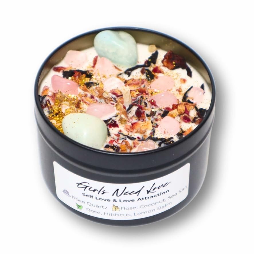 BlkGrlMagick Rose Quartz Self Love Manifestation Crystal Candle, Sea Salt and Orchid Scented Amazonite,Rose Petals, Hibiscus, Organic Soy Candles, Handmade, Black Owned Spiritual Gifts (8oz Tin)