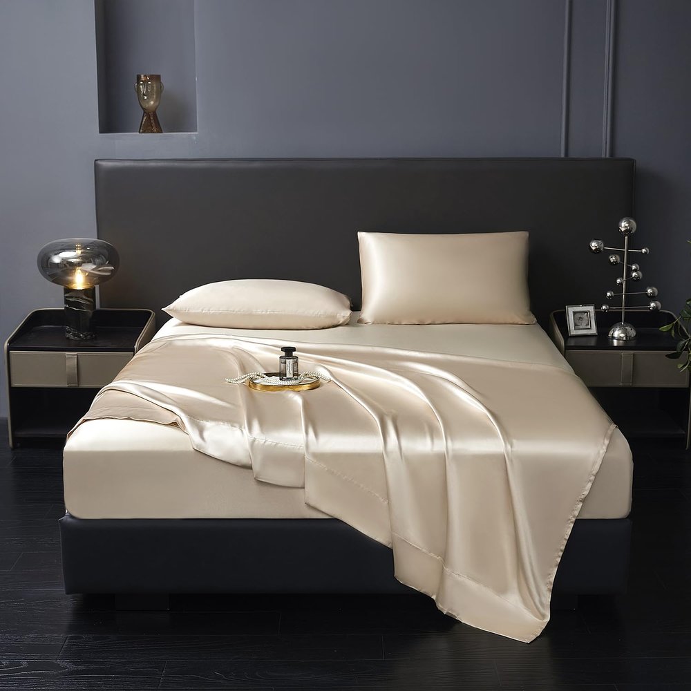 4 Pcs King Size Luxury Silky Soft Gold Satin Sheet Set,1 Premium Moisture Wicking Fitted Sheet Fits Up to 16 Inches Deep Pocket + 1 Flat Sheet + 2 PillowcasesGold, King