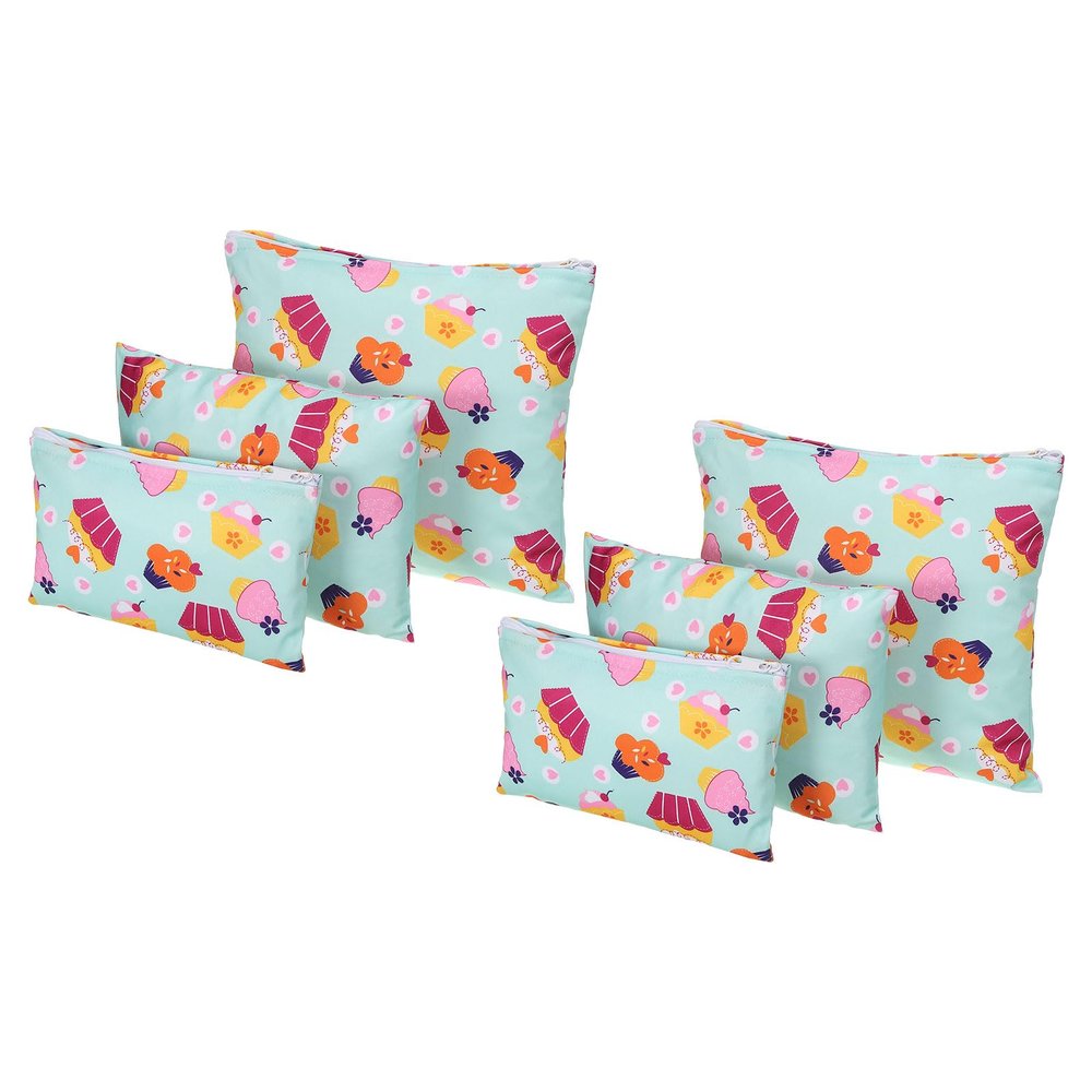 PATIKIL 3 Sizes Reusable Snack Bag Sandwich Bag, 2 Set/6Pcs Polyester Snack Sack Easy Open Zipper Washable Portable, Cake Pattern Green