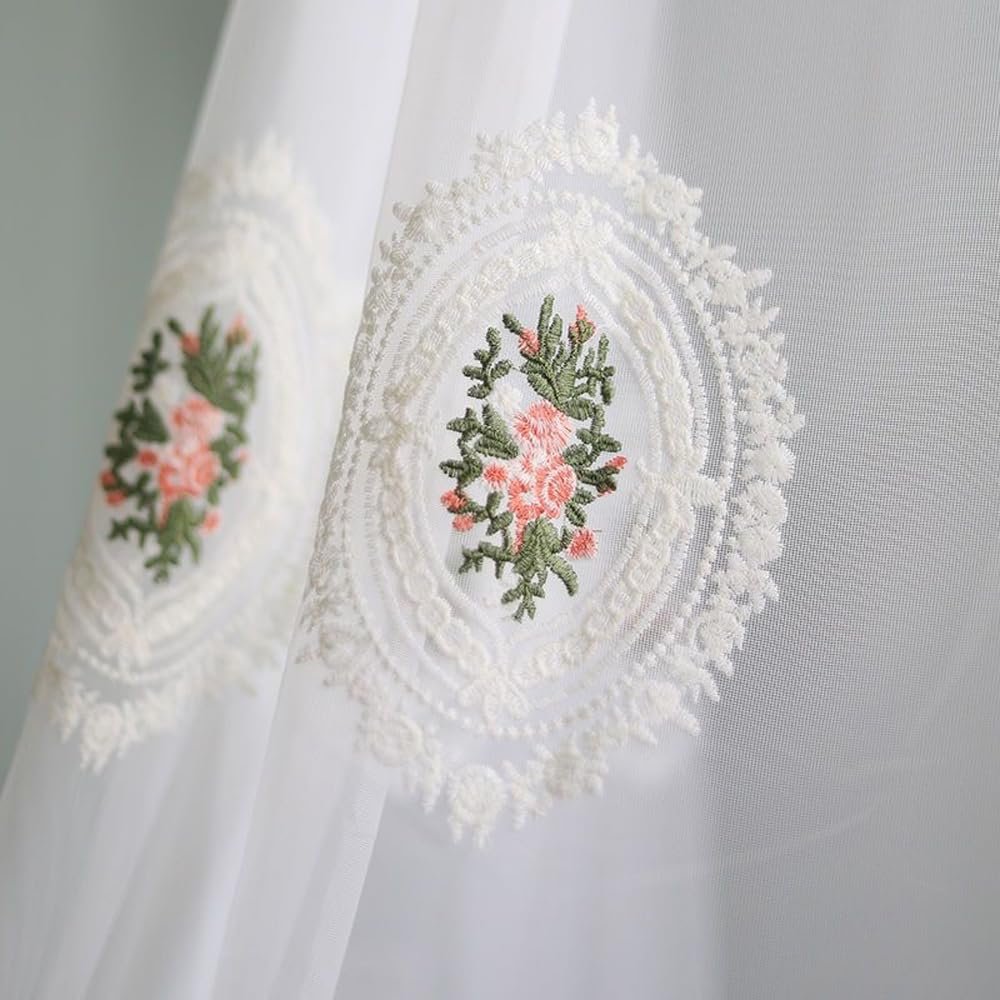 AZIMUZIXI White Lace Embroidery Sheer Curtains 102 Inch Long,Romantic Elegant Embroidered Floral Semi Sheer Voile Curtains for Living Room Bedroom Wedding Backdrop 2 Panels Set,Each W100 x L102 Inch